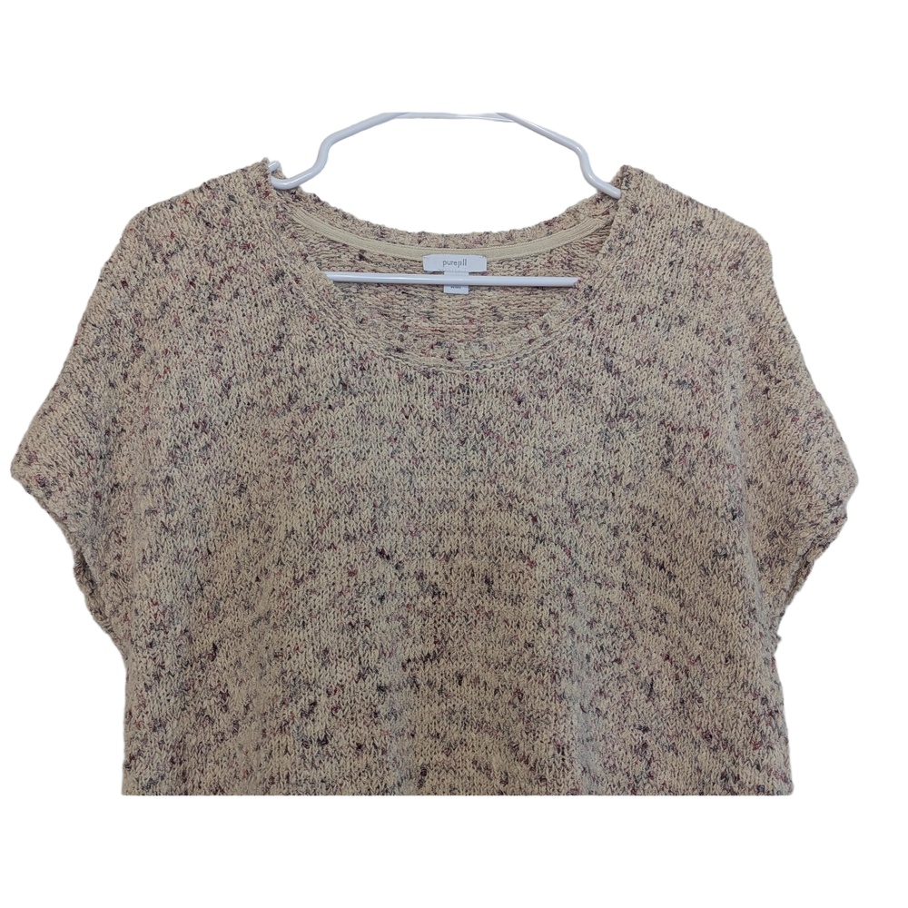 Pure Jill Short Sleeve Knit Sweater Womens MP Beige Speckled Minimalist Soft - Picture 2 of 11